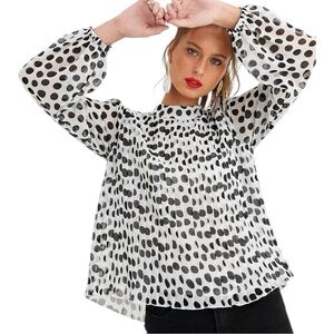 River Island Women’s Size 2 Black White Polka Dot Pleated Front Chiffon Blouse